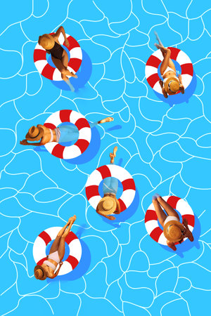 Woman relaxing in swimming pool, lying on floating rings on warm water, pool background....
