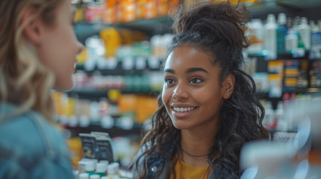 Young girl, pharmacist consultation female client with necessary meds. Professional worker of pharmacy departmentの写真素材