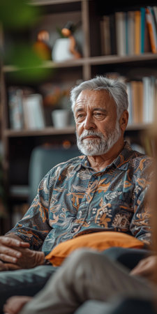 Gray-haired man sitting in armchair in the psychologist room. Psychologist listening to patients...