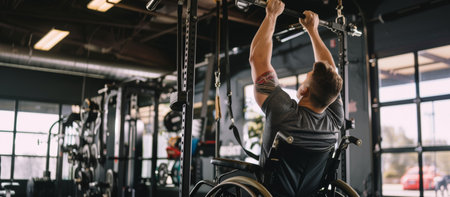 Inclusive Fitness. Muscular man in wheelchair using gym equipment designed to be accessible....