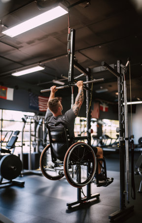 Adaptive Fitness. Muscular man in a wheelchair actively training in fitness gym. Physiotherapy and...