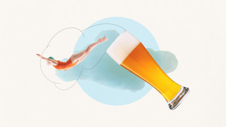 Young woman jumping from lager foamy beer glass against abstract light background, Refreshment. Contemporary art collage.の写真素材