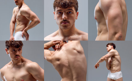 Collage of different body parts of handsome young man posing in underwear shirtless isolated over white background.の写真素材