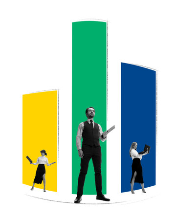 Stepping Up to Success. Three people, professionals standing near colorful bar with heights symbolize their career progression. Contemporary art collage.の写真素材