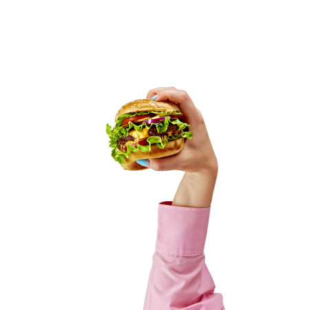 Grab and Go. Close-up of juicy burger with two all-beef patties, melted cheese, crisp lettuce, tomato, onion, isolated on white backgroundの写真素材