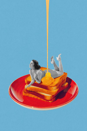 Black and white vintage-style woman lying on stack of toast with pouring honey against blue background. Breakfast. Contemporary art collage.の写真素材