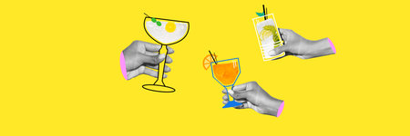 Set of monochrome hands holding colorful cocktails against bright yellow background, Banner....