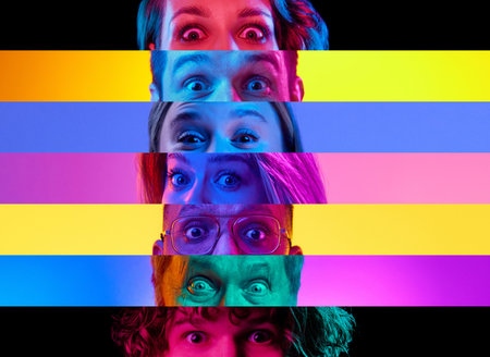 Collage made of different people. Male and female eyes placed in narrow stripes, expressing shock...