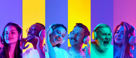 Collage made of different people, men and women expressing happiness, listening to music in headphones against multicolored background in neon lightの写真素材