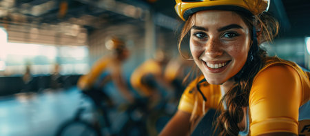 Young smiling woman with freckled face, wearing yellow uniform and helmet, cyclist training in the gym, preparing for competition. Tour de Franceの素材