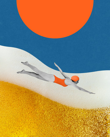Girl orange swimsuit and cap swimming into wave of lager beer against abstract sun and sky background. Contemporary art collage.の写真素材