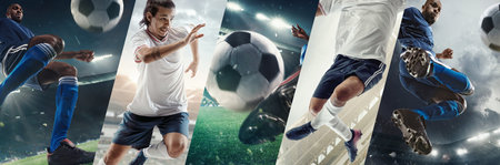 Dynamic and intense game. Collage. African-American male soccer players in motion on stadium, playing, competing for victory.の写真素材