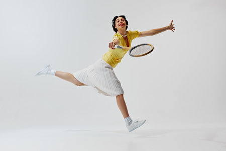 Smiling elegant woman in yellow blouse and skirt in motion, playing tennis isolated on white...