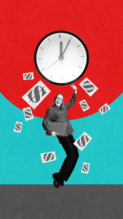 Young woman, employees celebrating successful project, finished by deadlines, earning money with...