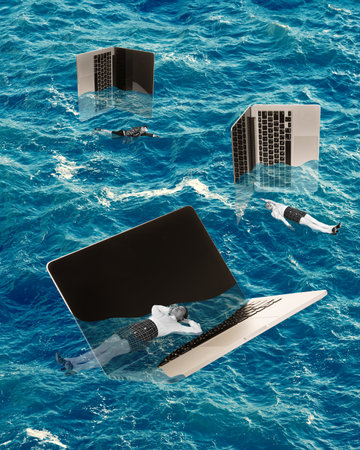 Contemporary art collage. Employees floating into blue ocean water with laptops symbolizing long...