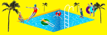 Contemporary art collage. Young girl in retro swimsuits jumping into abstract swimming pool with...