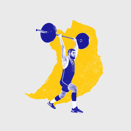 Male weightlifter lifting barbell against white background with yellow abstract elements, Fitness center promotions. Contemporary art collage.の写真素材