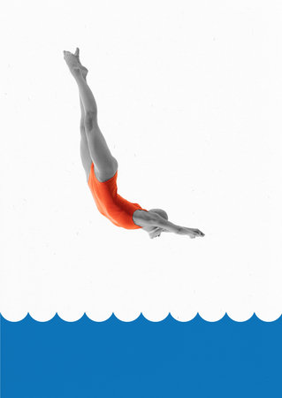 Female diver in orange swimsuit diving into blue stylized water against white background. Contemporary art collage. Wellness and activityの写真素材