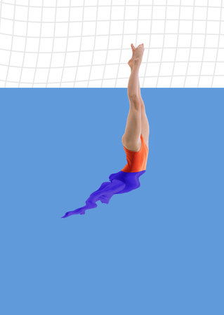 Girl orange swimsuit diving into swimming pool, with blue water and pool lines. Athleticism and enjoyment of swimming. Contemporary art collage.の写真素材