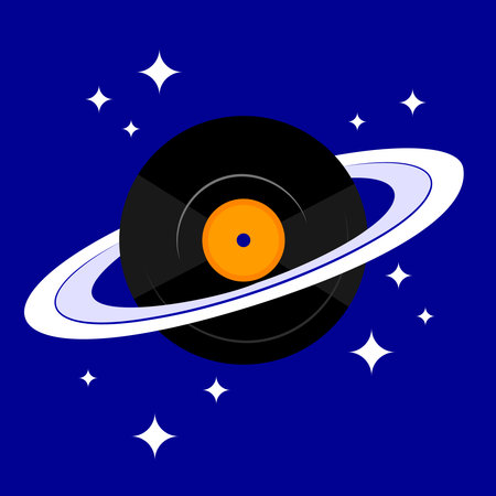 Black vinyl record forming Saturn planet over blue background with white stars. Nightclub party. Creative vector illustration.のイラスト素材