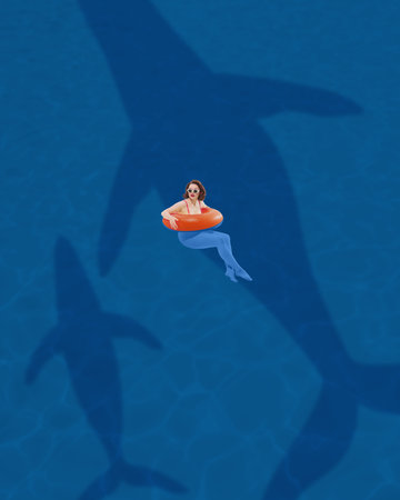 Contemporary art collage. Woman floating in water with orange life ring, large shark shadows below, creating dramatic scene.の写真素材