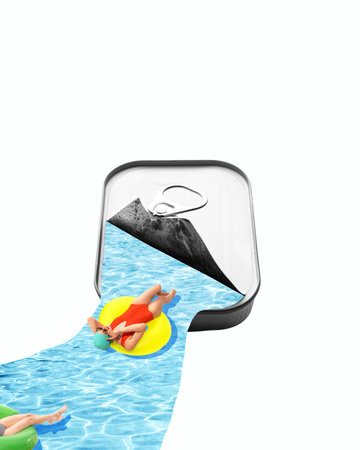 Woman in a red swimsuit and blue cap floating on yellow ring, with water flowing out of open can....