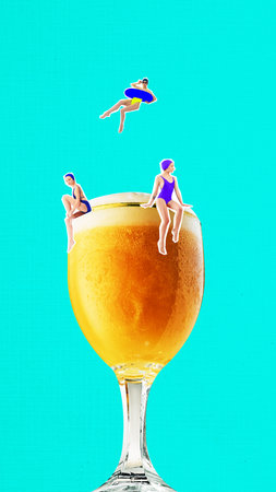 Young girls in swimsuits resting with giant glass of lager frothy chill beer against neon blue...