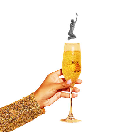 Monochrome young woman in swimsuit diving into flute with champagne against white background, Celebration. Contemporary art collage.の写真素材