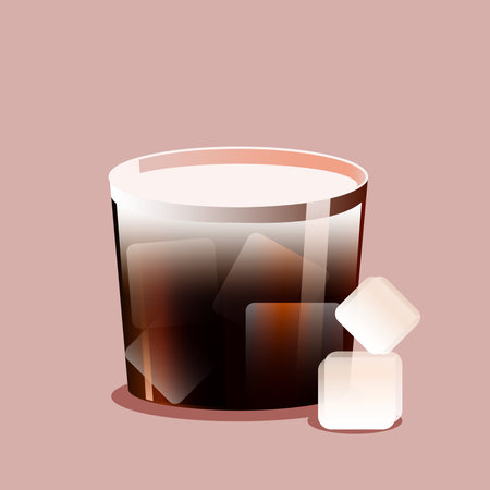 Black Russian cocktail in glass filled with ice cubes on soft pink background. Vector illustration. Creative design.のイラスト素材