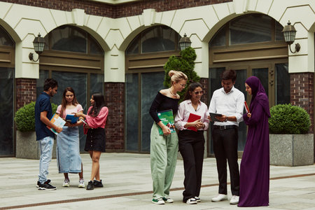 Group of students from different countries engaged in lively communication outdoors the university,...