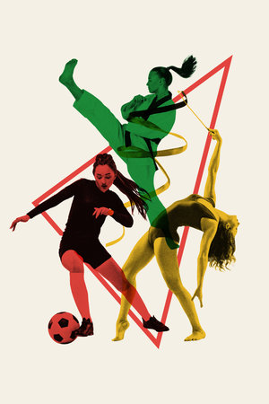 Monochrome female soccer, karate and rhythmic gymnast athletes in motion, competing for success isolated on white background.の写真素材