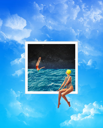 Poster. Contemporary art collage. Woman in striped swimsuit sitting on edge of picture frame, gazing at another woman diving into ocean under starry sky.の写真素材