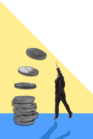 Businessman collecting coins, symbolizing financial growth and success. Ambition and upward movement. Contemporary art collageの写真素材