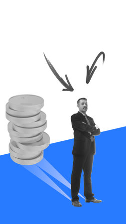 Confident businessman stands with arms crossed, next to stack of coins with arrows pointing towards him. Financial leadership. Contemporary art collageの写真素材