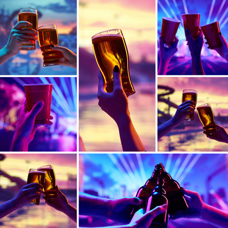 Collage. Collection of people enjoying beers together, holding beer glasses and bottles against neon colored background with landscapes.の写真素材