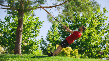 Muscular man doing TRX workout in lush green park, using tree branches for support and demonstrating...