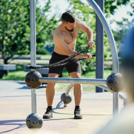 Bearded man performing resistance band exercises shirtless, in black shorts, at outdoor fitness park...