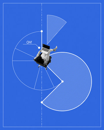 Businesswoman sitting on chair in a pie char and working on laptop. Data-driven insights, analysis, and decision-making. Conceptual minimalistic design.の写真素材
