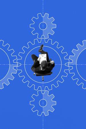 Businessman sitting on chair with tablet, positioned within interlocking gears. Efficiency, problem solving, innovative approaches in startups. Conceptual minimalistic design.の写真素材