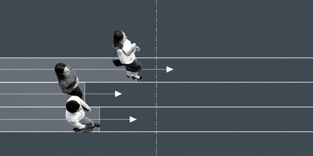 Three business professionals walking along parallel lines with arrows pointing forward. Progress,...