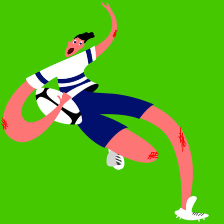 Abstract creative illustration of American football player with long body parts, in striped jersey and blue shorts, holding ball and running on green backgroundのイラスト素材