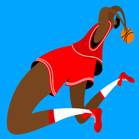 Abstract illustration of basketball player with elongated limbs in red uniform, jumping with basketball ball on blue background, capturing dynamic action and athleticism.のイラスト素材