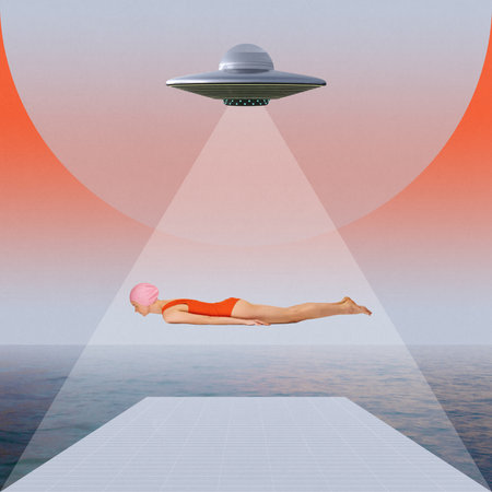 Woman in red swimsuit and pink swim cap levitated under UFO, set against a surreal, colorful backdrop. Contemporary art collage. Futurismの写真素材