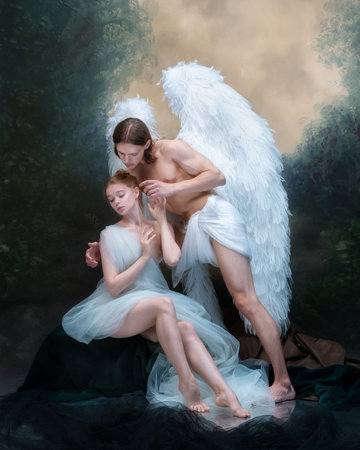 Tender scene of two angelic characters, man with wings hugging woman against vintage green background. Protection, love, and trust.の写真素材