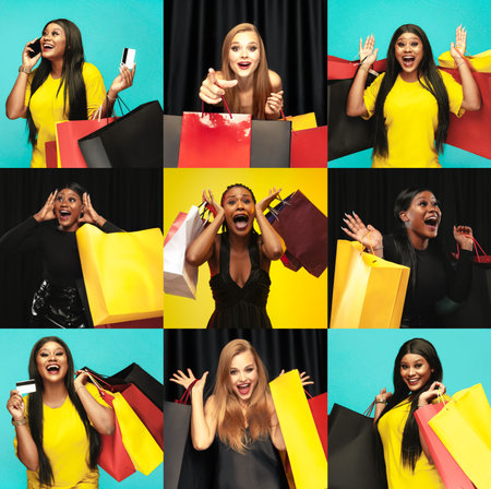 Collage made with emotional and happy different young women expressing positive excitement, standing with many shopping bags.の写真素材