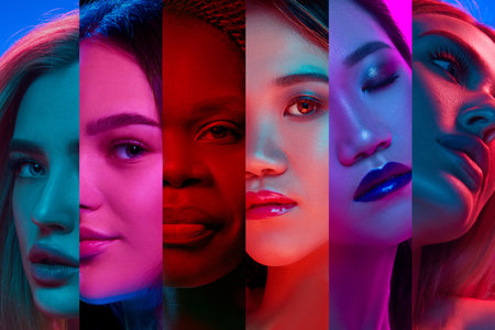 Collage made with portraits of different beautiful women, of different age and race against...
