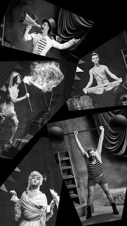 Dynamic black-and-white circus collage showcases magician, fire-breather, levitating performer, strongman, and bearded ladyの写真素材