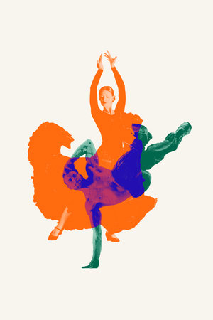 Contemporary art collage. Blend of classical and modern dance, woman dancing tango and man in dynamic breakdance poseの写真素材