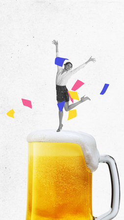 Successful project and startup. happy smiling woman, employee in formal wear jumping above giant lager frothy beer. Contemporary art collage.の写真素材