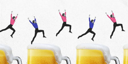 Happy young woman, employee jumping above mugs with lager frothy beer symbolizing teaching professional goal and success. Contemporary art collage.の写真素材